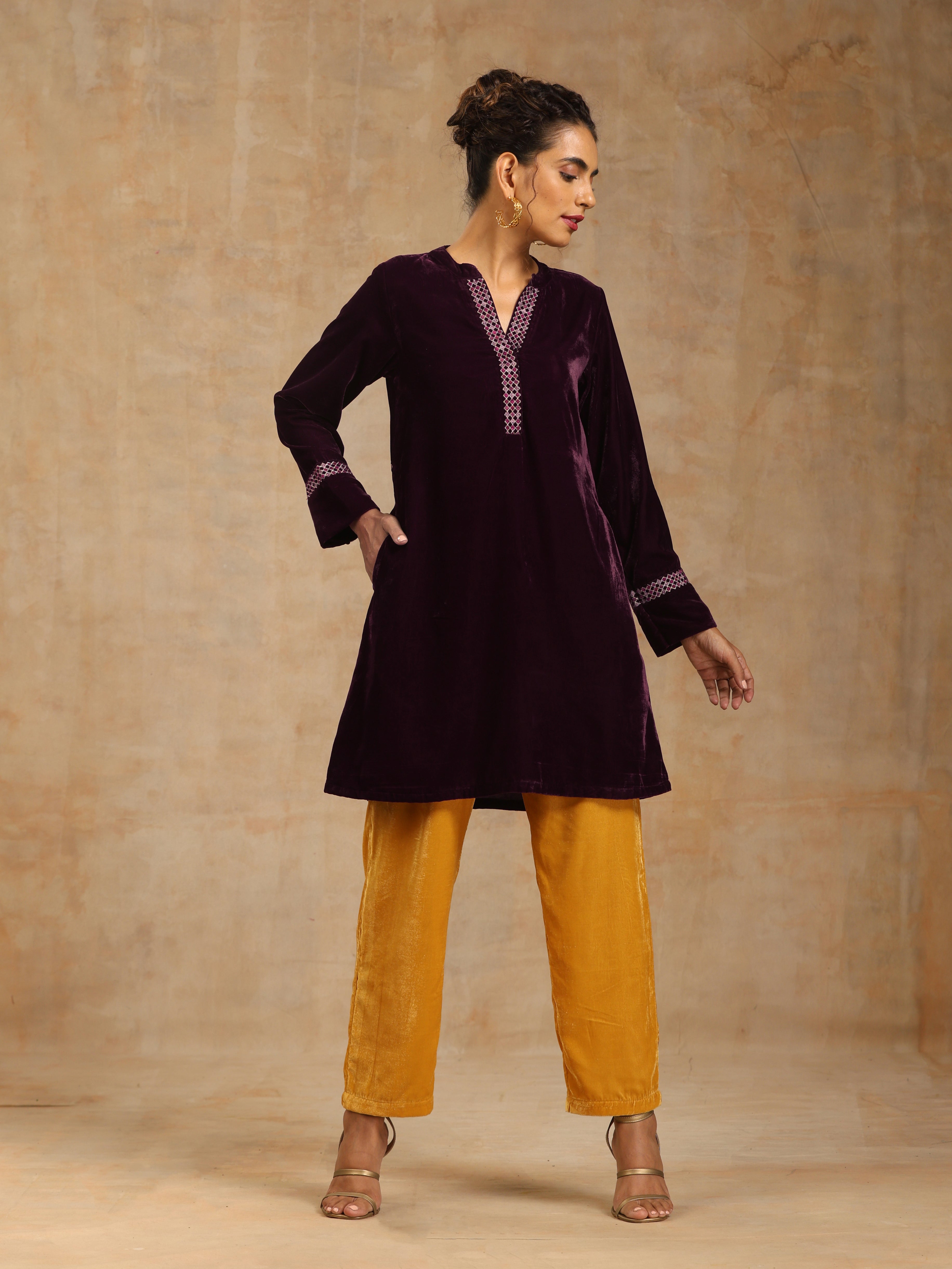 trueBrowns Wine Velvet Placket Embroidered Co-ord Set