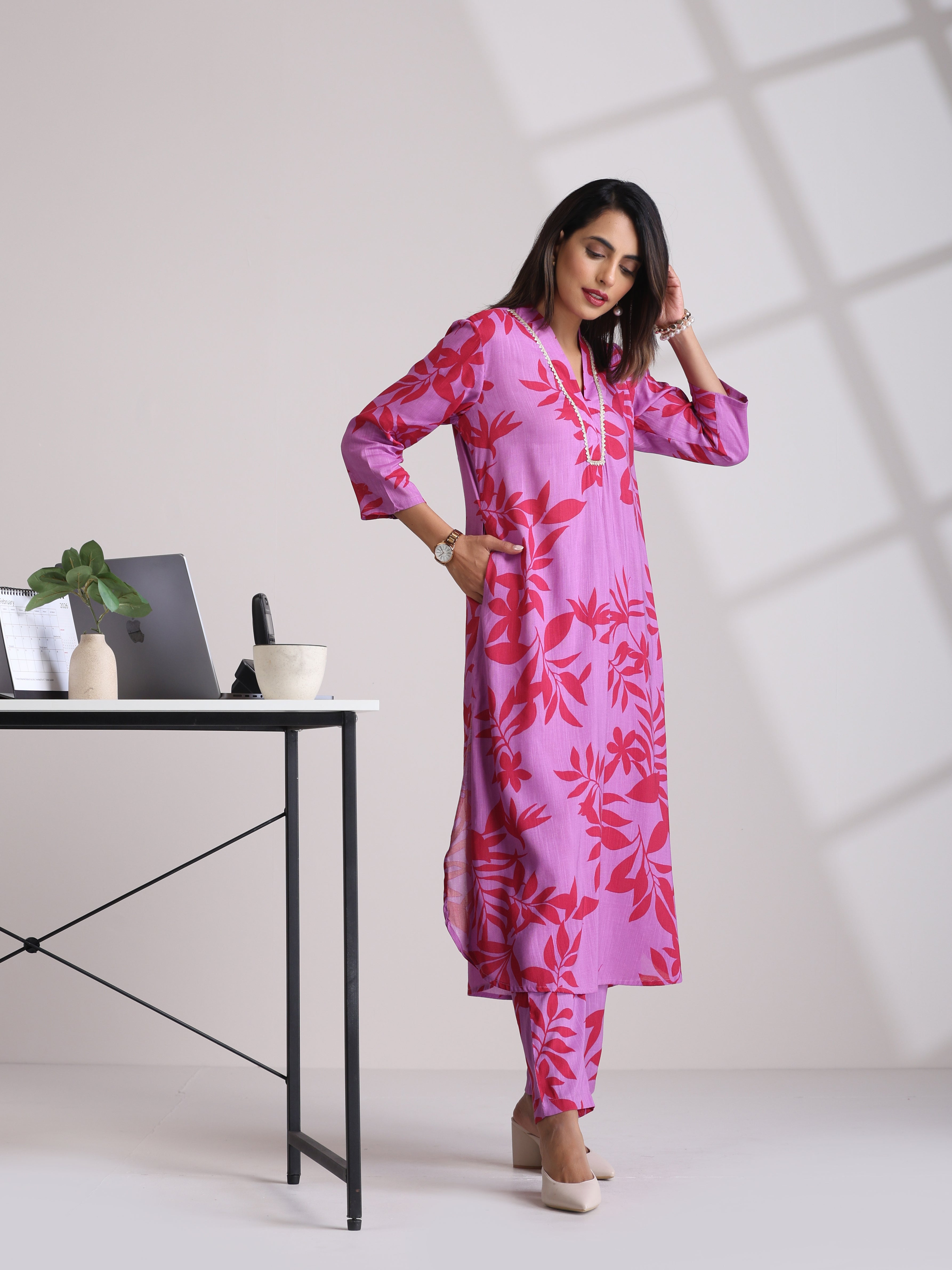 trueBrowns Purple Print Straight Kurta Set