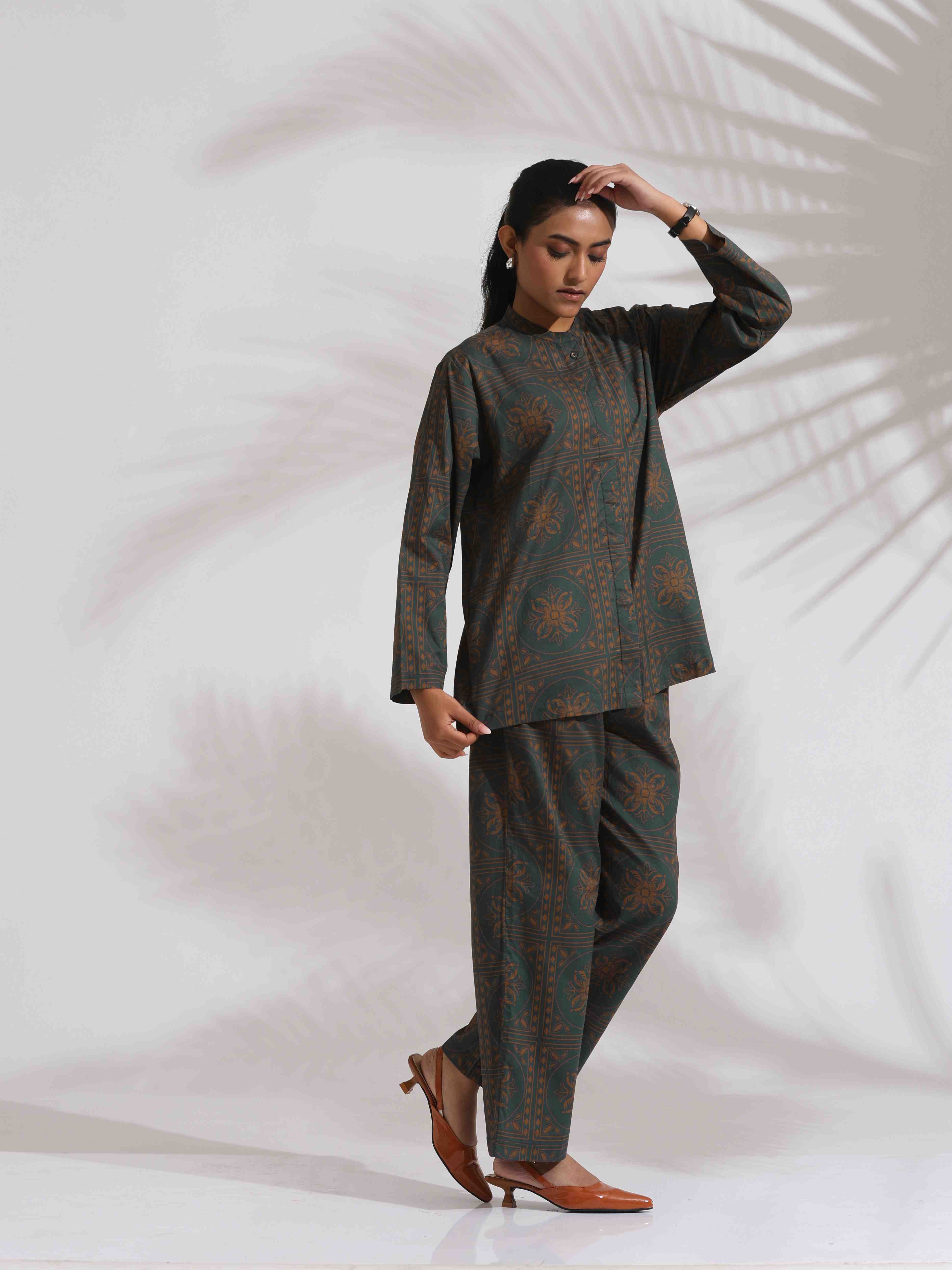 trueBrowns Green Cotton Print Shirt Top & Pants Co-ord Set