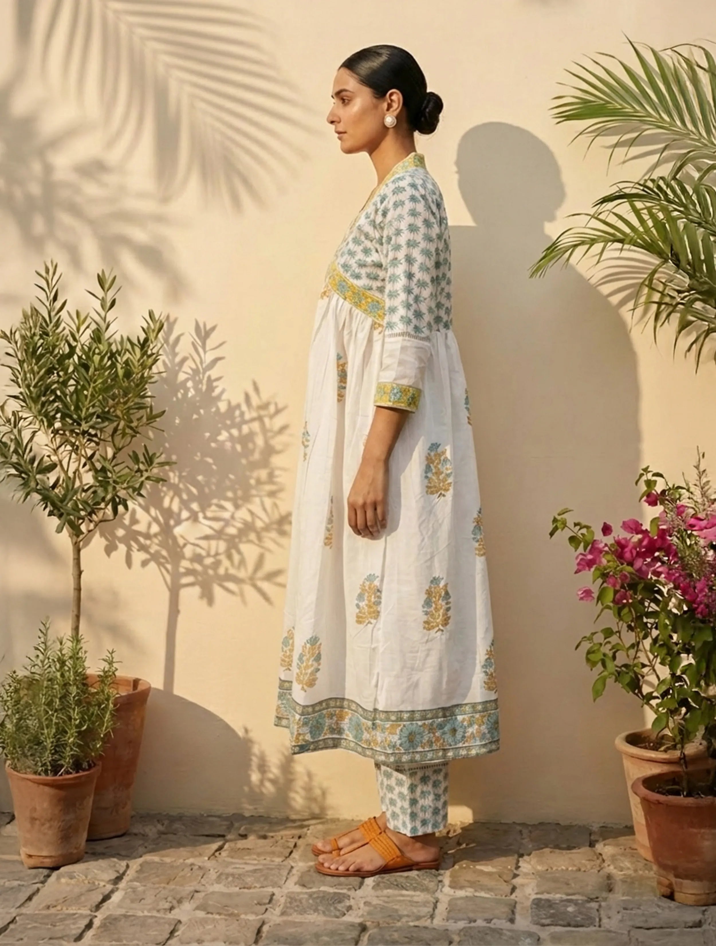 trueBrowns White Yellow Printed Anarkali Kurta Pant Dupatta Set