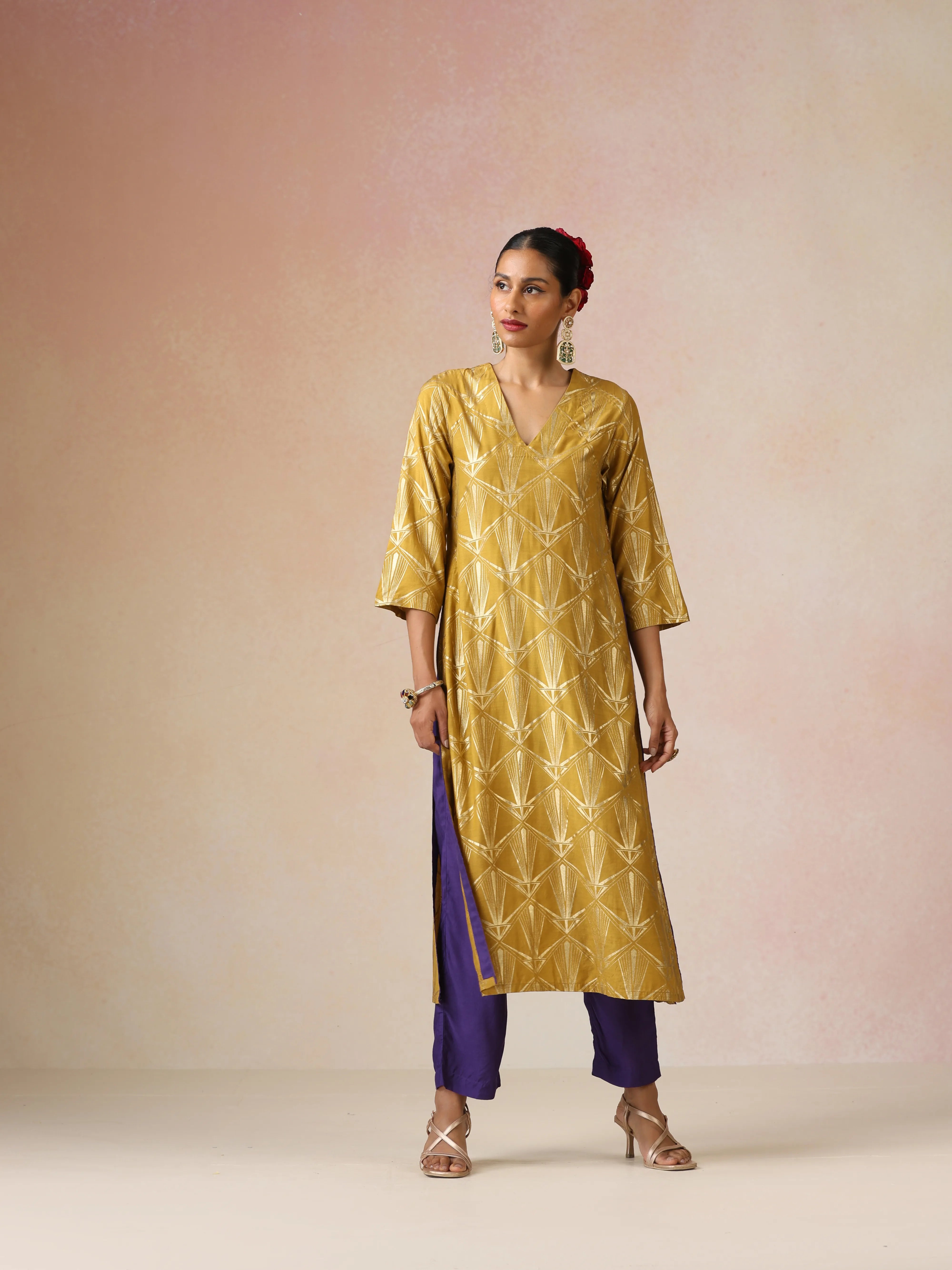 trueBrowns Mustard Gold Foil Print Muslin Silk Straight High-Slit Kurta Set