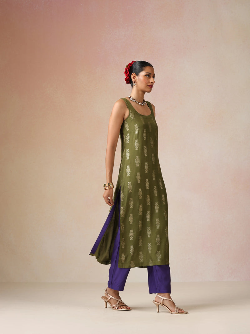 trueBrowns Olive Green Gold Foil Print Muslin Silk Sleeveless Straight Kurta Set