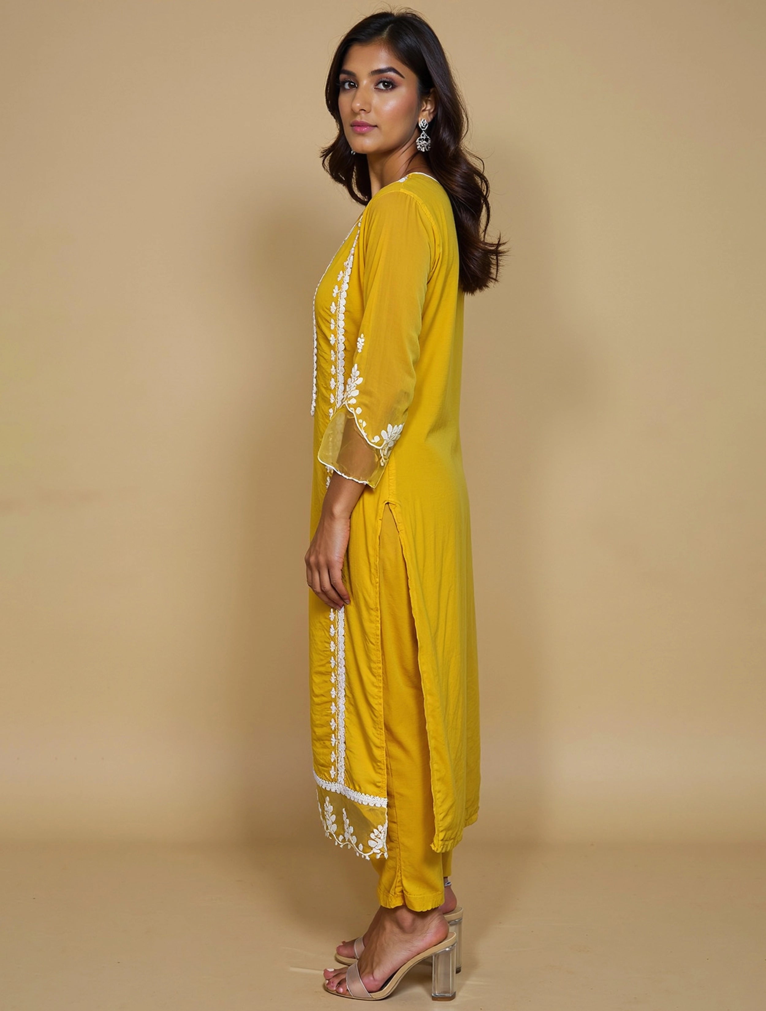 trueBrowns Yellow Embroidered Round Neck Straight Kurta 3pc Set