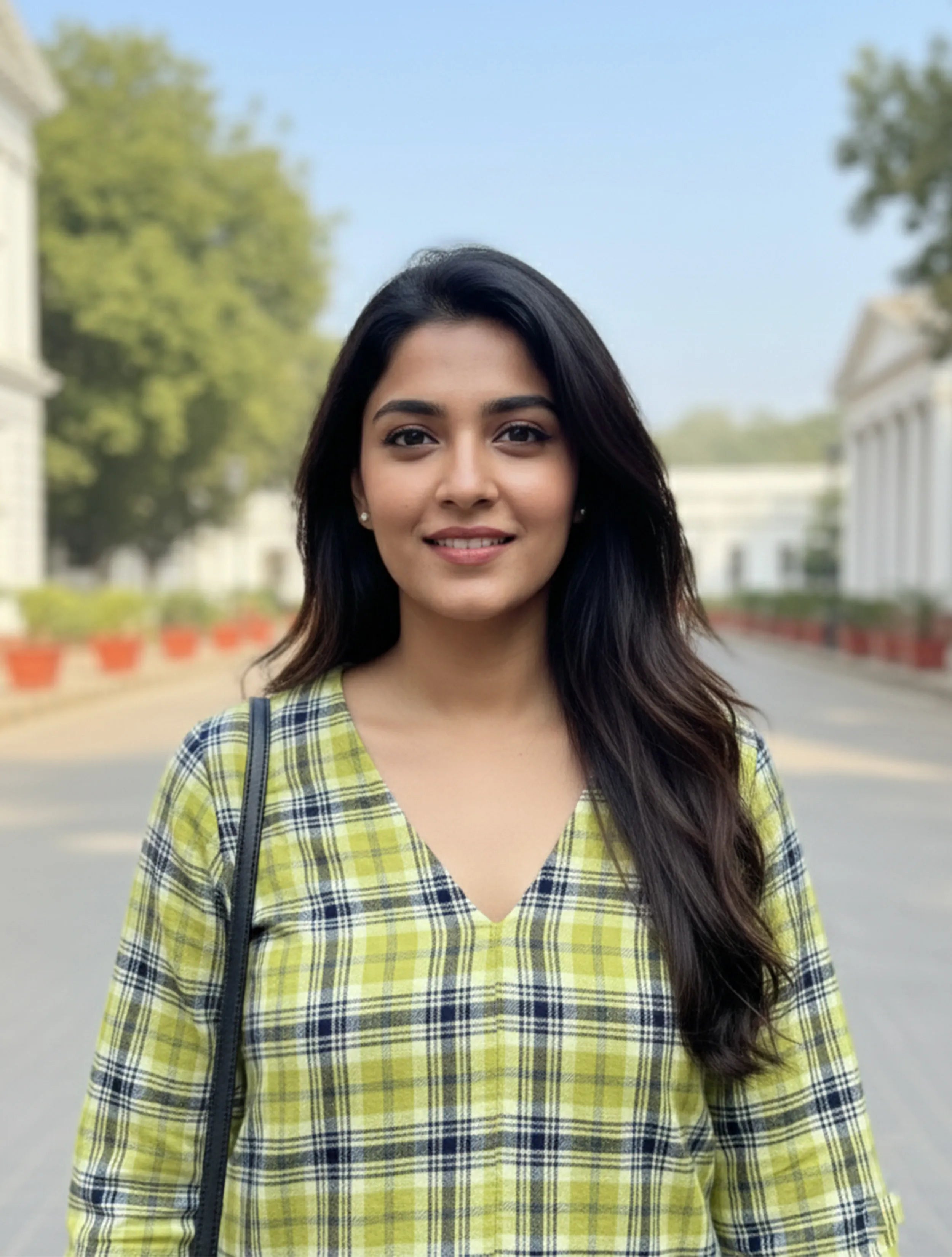 trueBrowns Lime Check High-Slit Woollen Top