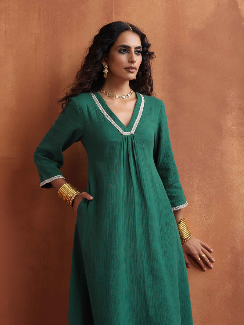 trueBrowns Green Cotton A-line Kurta Set