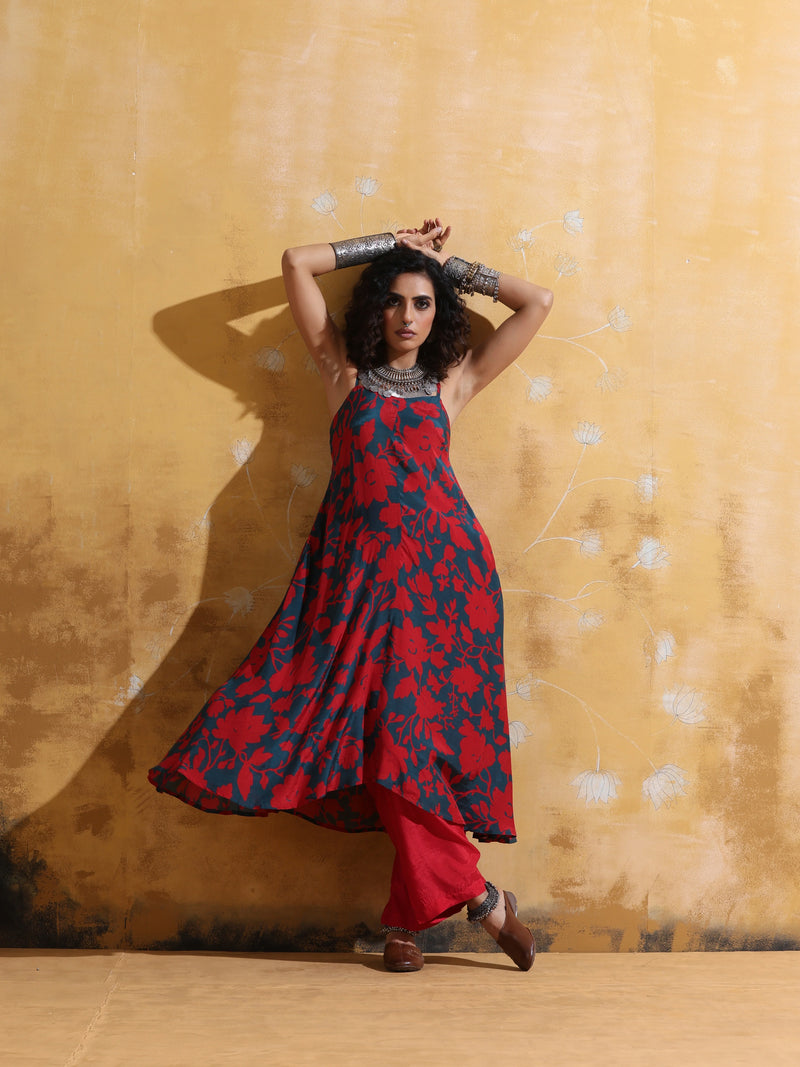 trueBrowns Red Teal Jaal Print Muslin Silk Flared Kurta Set