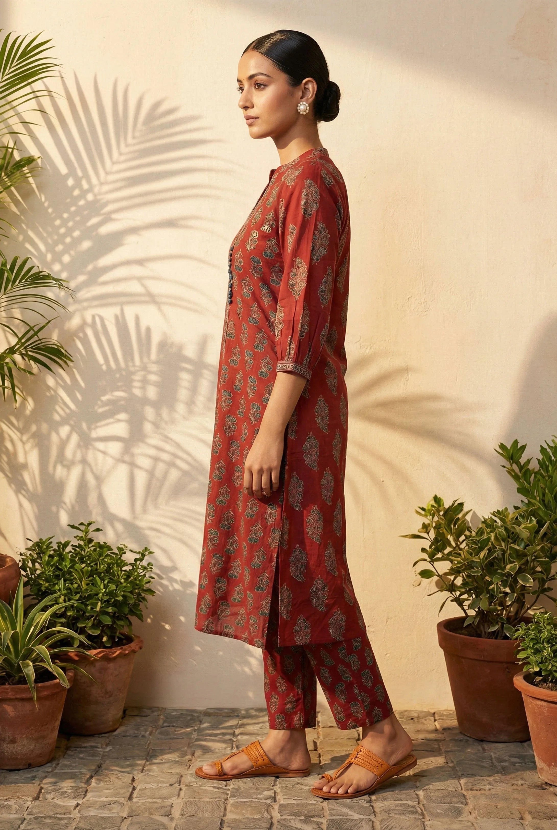 trueBrowns Rust Boota Print Angrakha Kurta Pant Dupatta Set