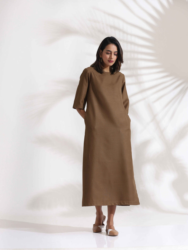 trueBrowns Brown Slub Dress