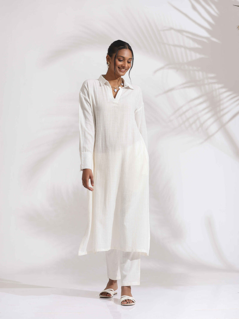 trueBrowns White Cotton A-line Kurta Set