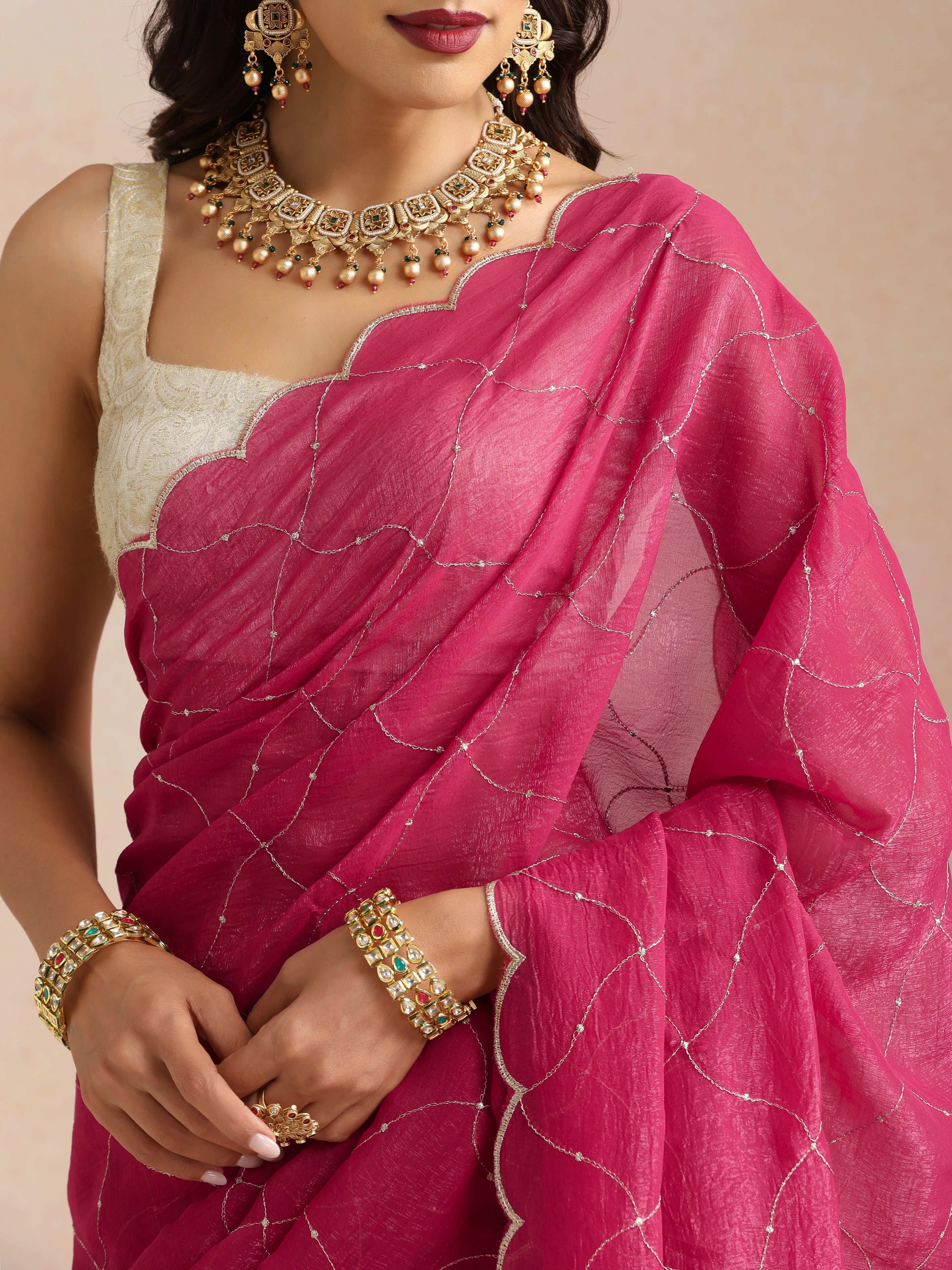 trueBrowns Pink Zari Jaal Embroidered Saree With Unstitched Blouse