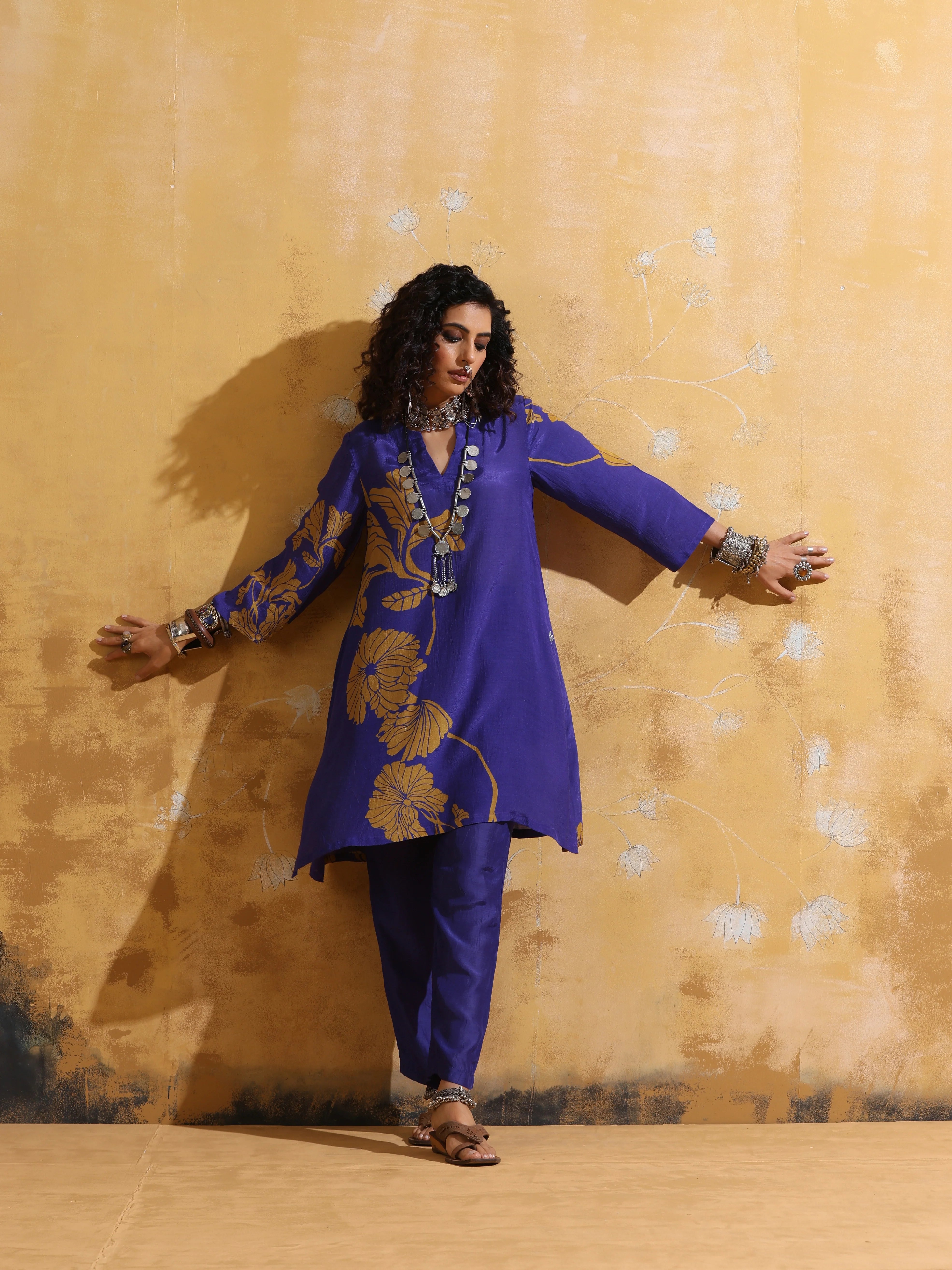 trueBrowns Purple Mustard Floral Print Muslin Silk A-line Kurta Co-ord Set