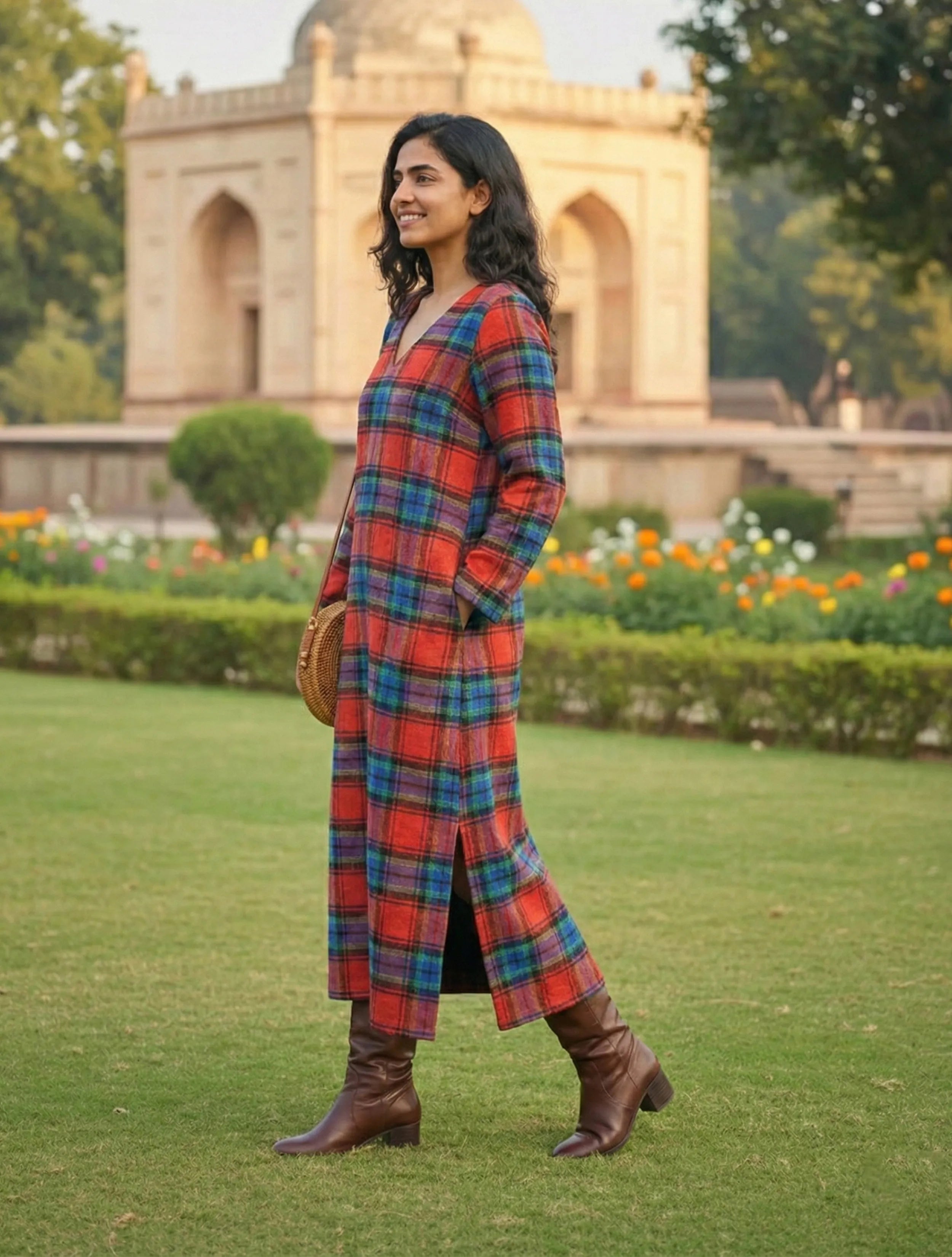 trueBrowns Red Blue Check Straight Maxi Woollen Dress