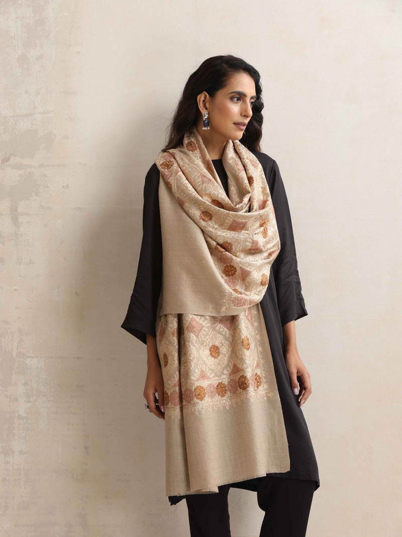 trueBrowns Beige Embroidered Woollen Stole