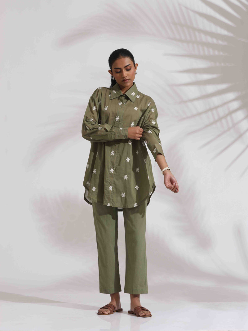 trueBrowns Olive Green Cotton Floral Embroidered Co-ord Set