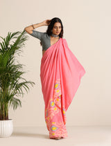 trueBrowns Pink Lime Muslin Ikat Saree