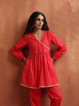 trueBrowns Red Print Angrakha Co-ord Set