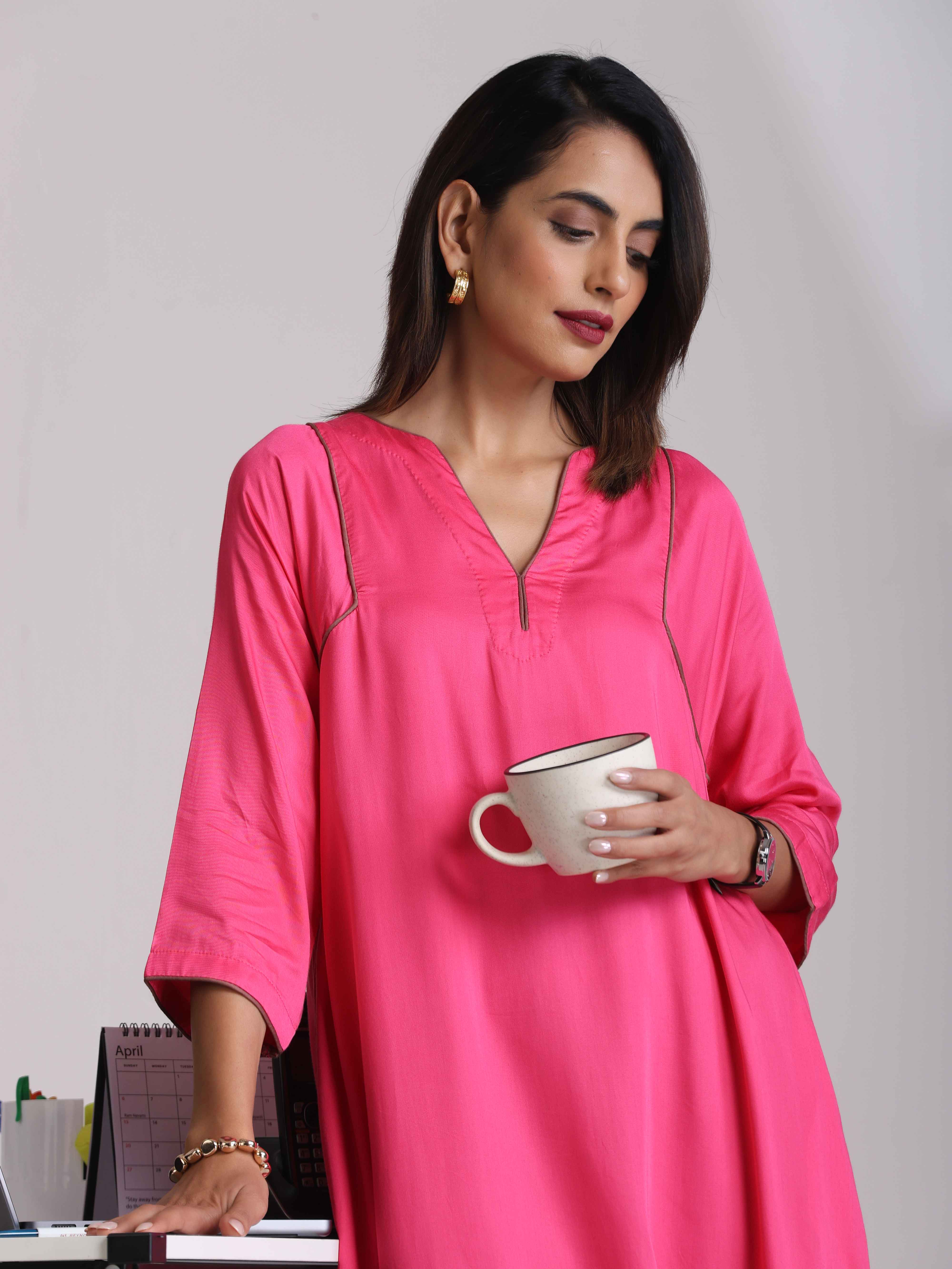 trueBrowns Pink Modal Kimono Kurta Co-ord Set