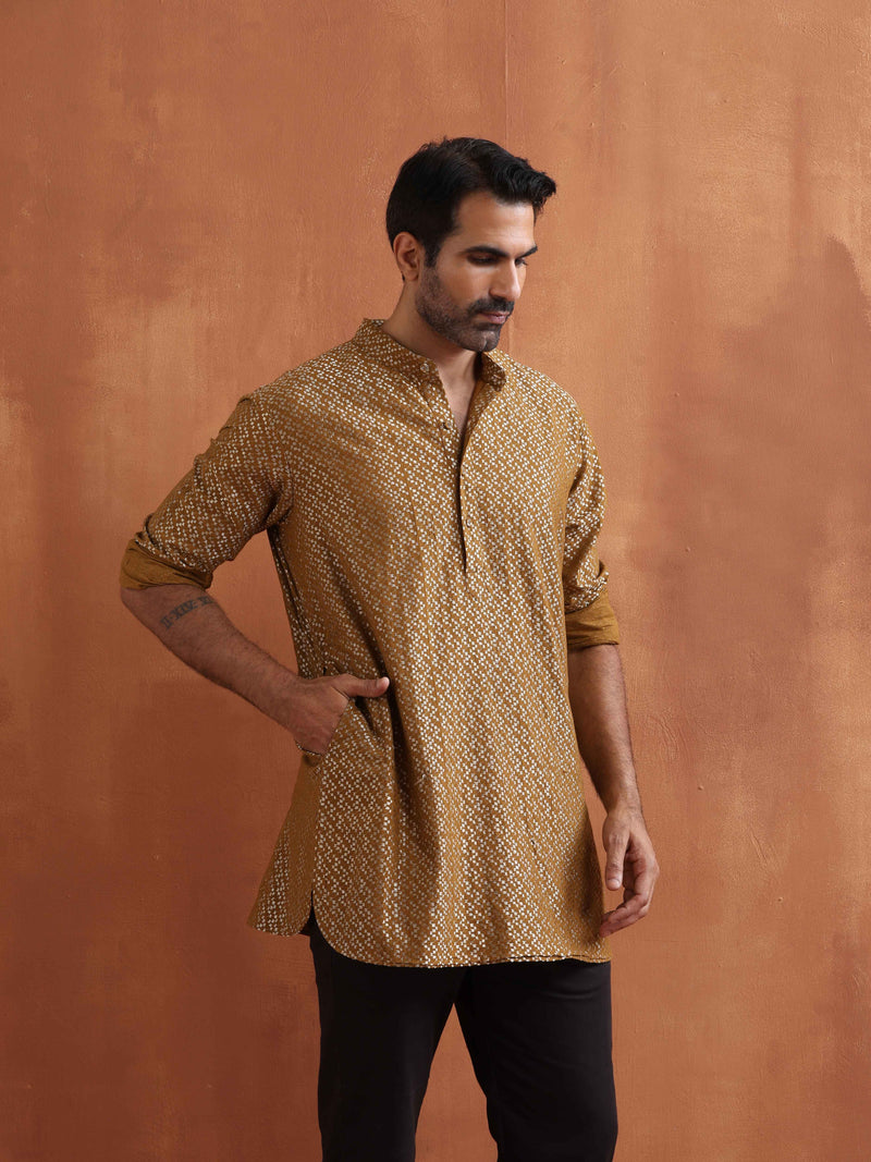 trueBrowns Men's Mustard Cotton Dobby Short Kurta