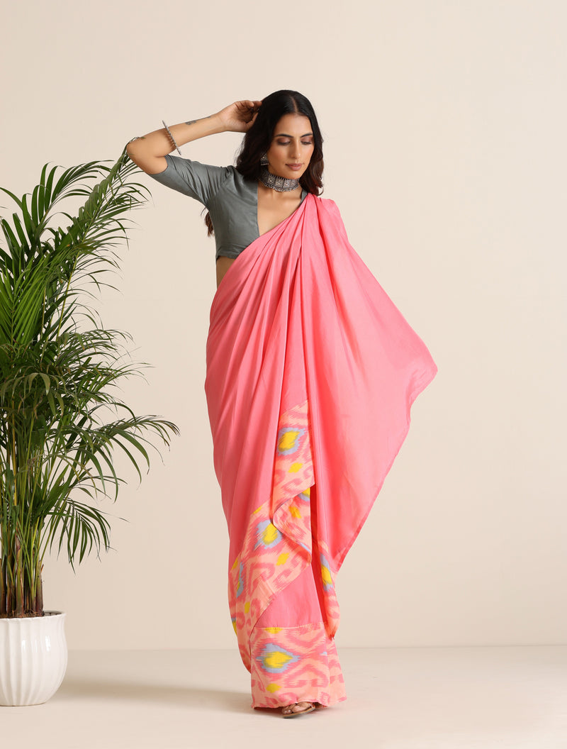 trueBrowns Pink Lime Muslin Ikat Saree