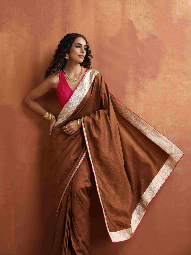 trueBrowns Brown Silk Ready To Wear Saree