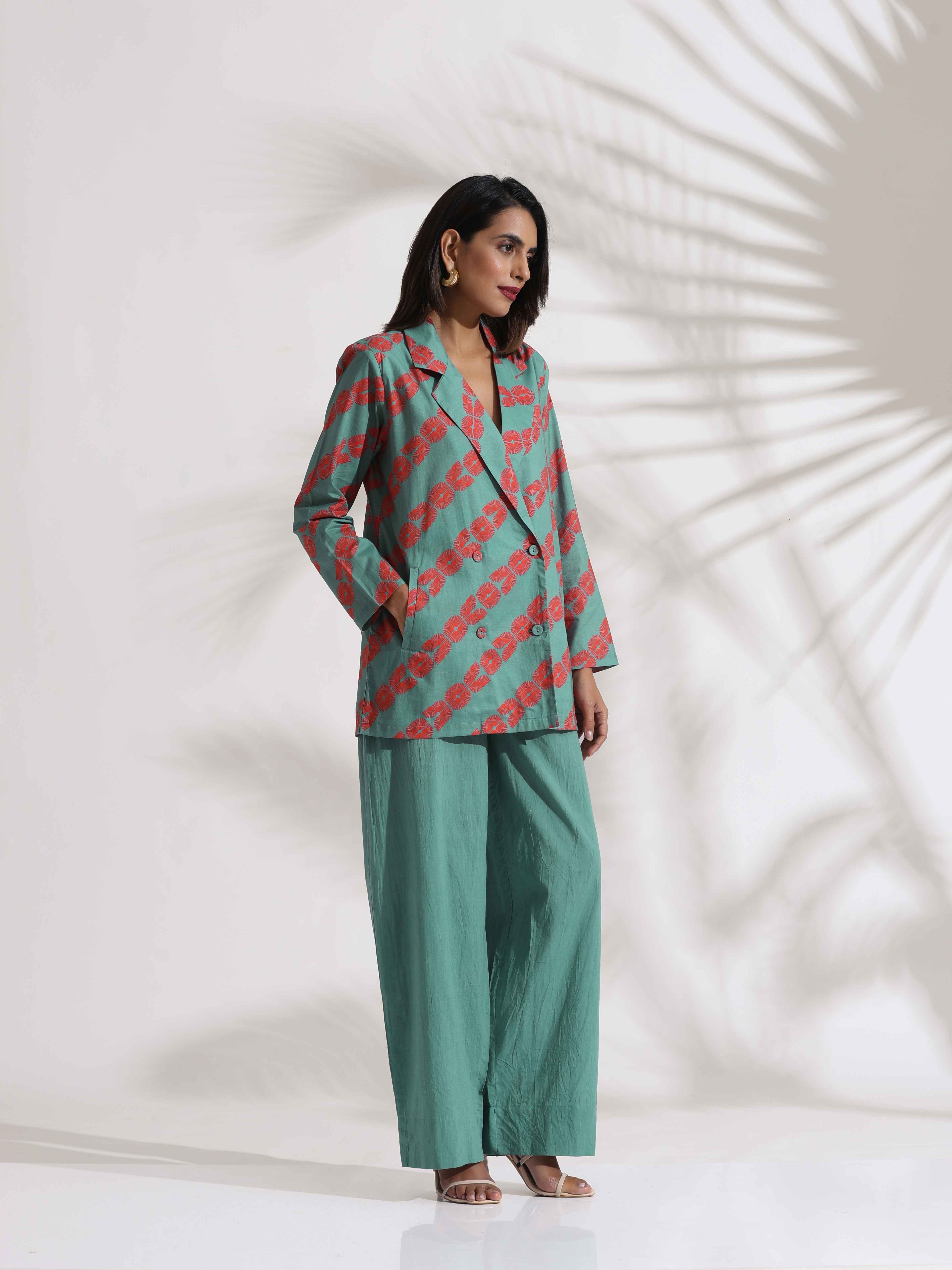 trueBrowns Green Cotton Print  Jacket Top Co-ord Set