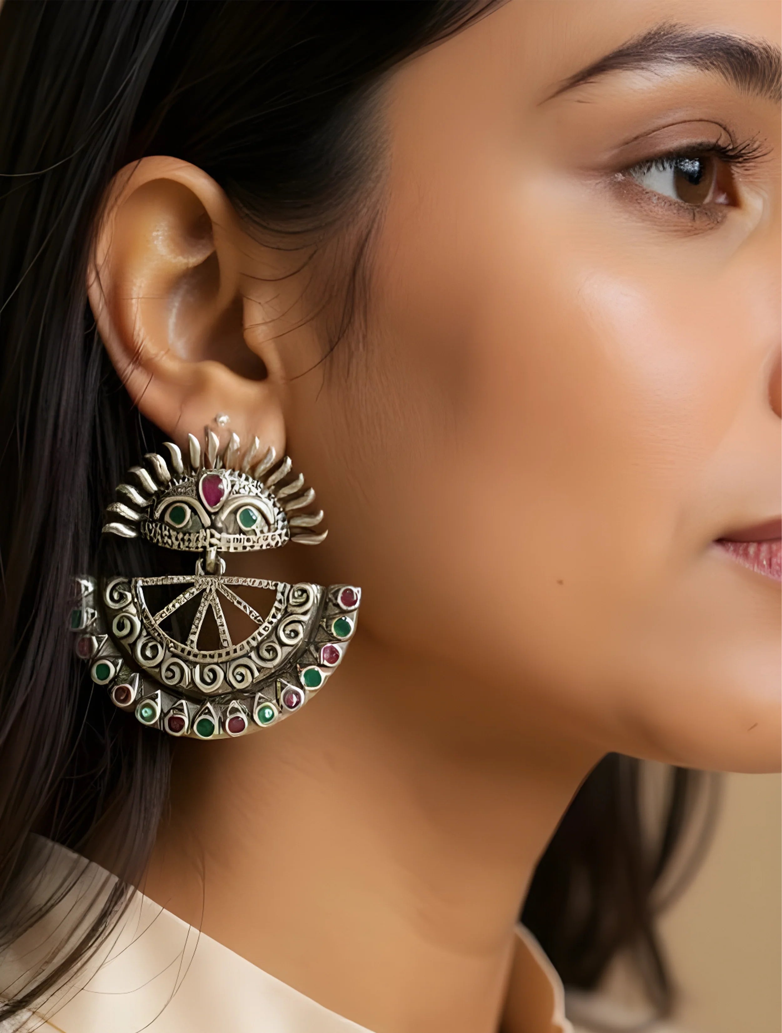 trueBrowns Sliver Toned Half Mandala Stone Studded Earrings