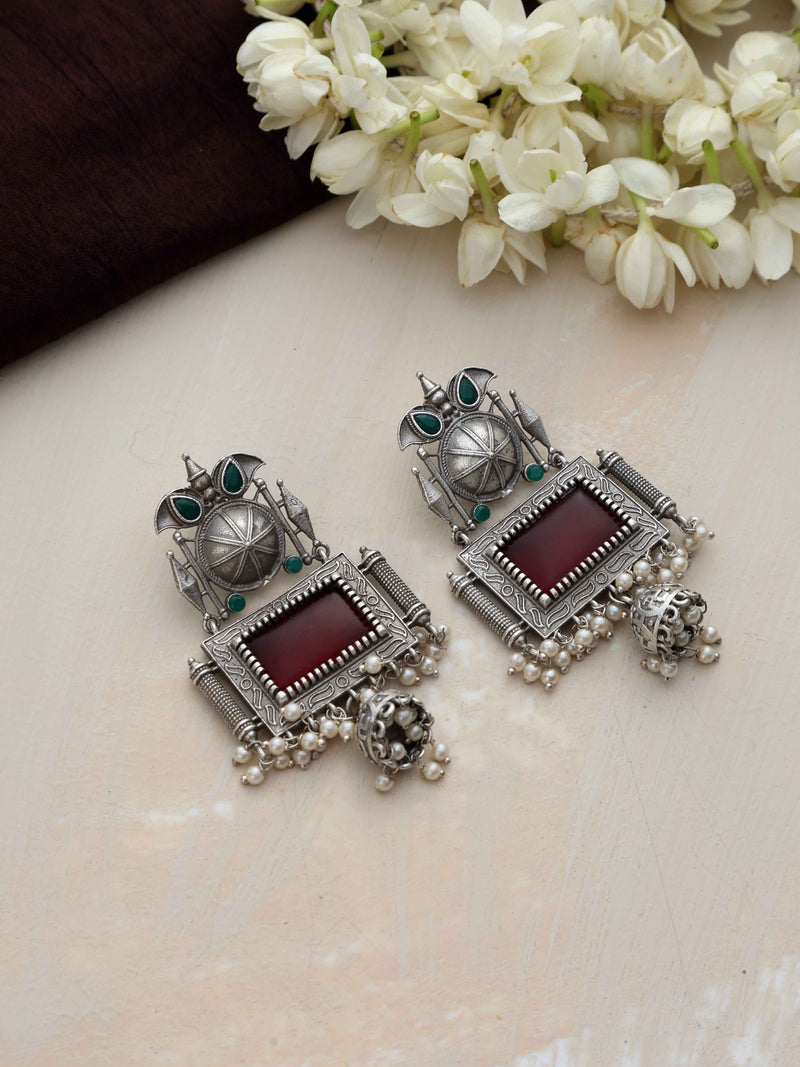 trueBrowns Silver Tone Red Stone Dangle Earrings