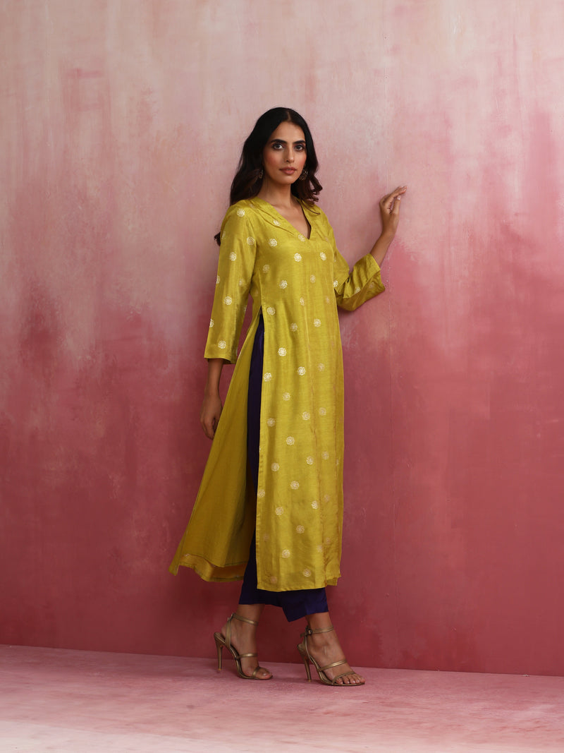 trueBrowns Lime Viscose Silk Kurta Set