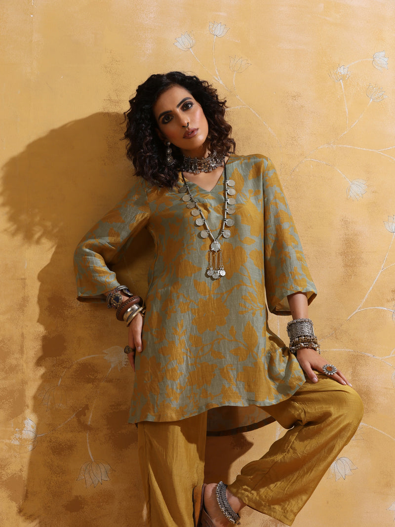 trueBrowns Mint Mustard Jaal Print Muslin Silk Co-ord Set