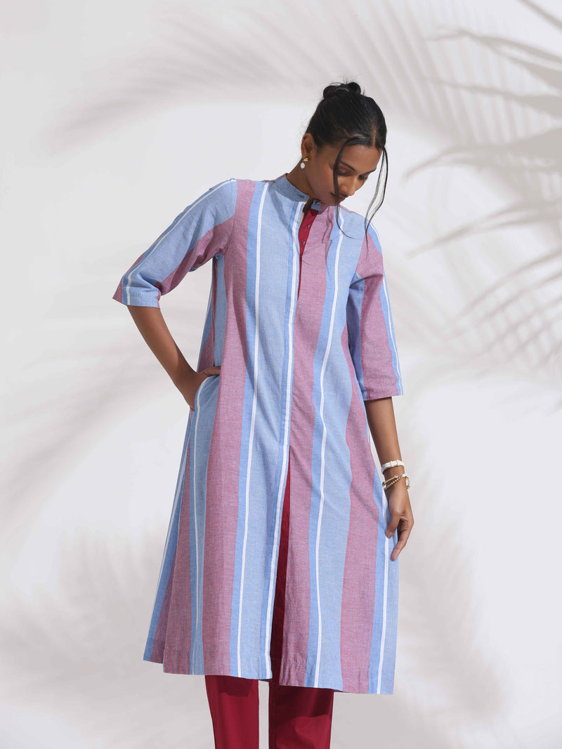 trueBrowns Blue Cotton Stripe Straight Kurta Set