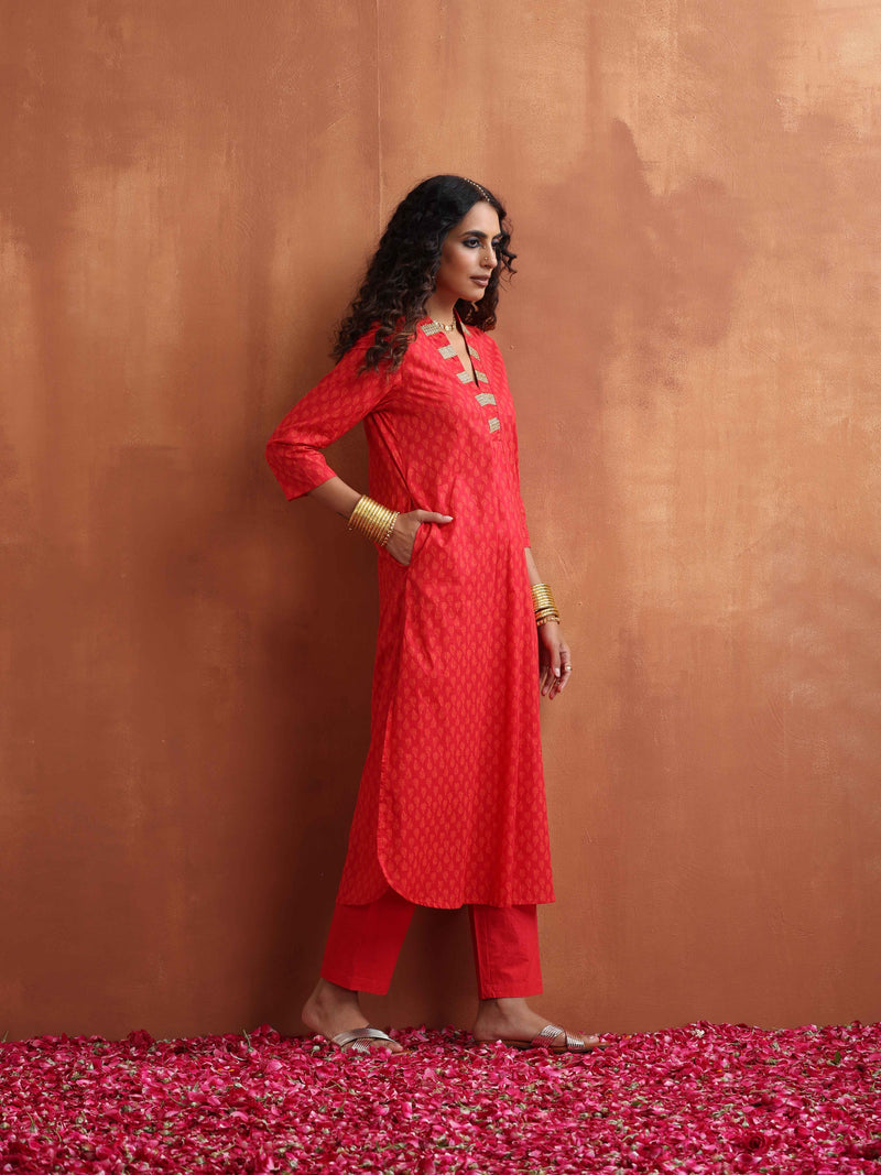 trueBrowns Red Print A-line Kurta Set