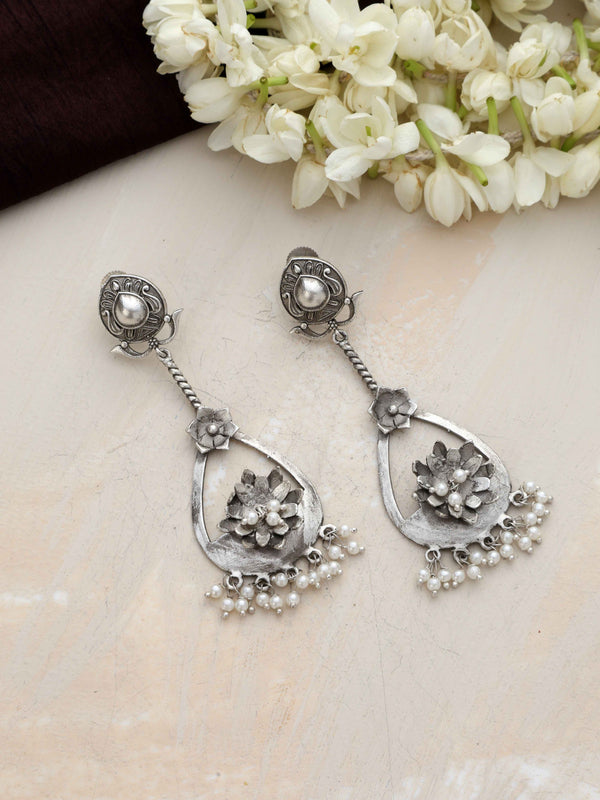 trueBrowns Silver  Tone Floral Chandbaali Earrings