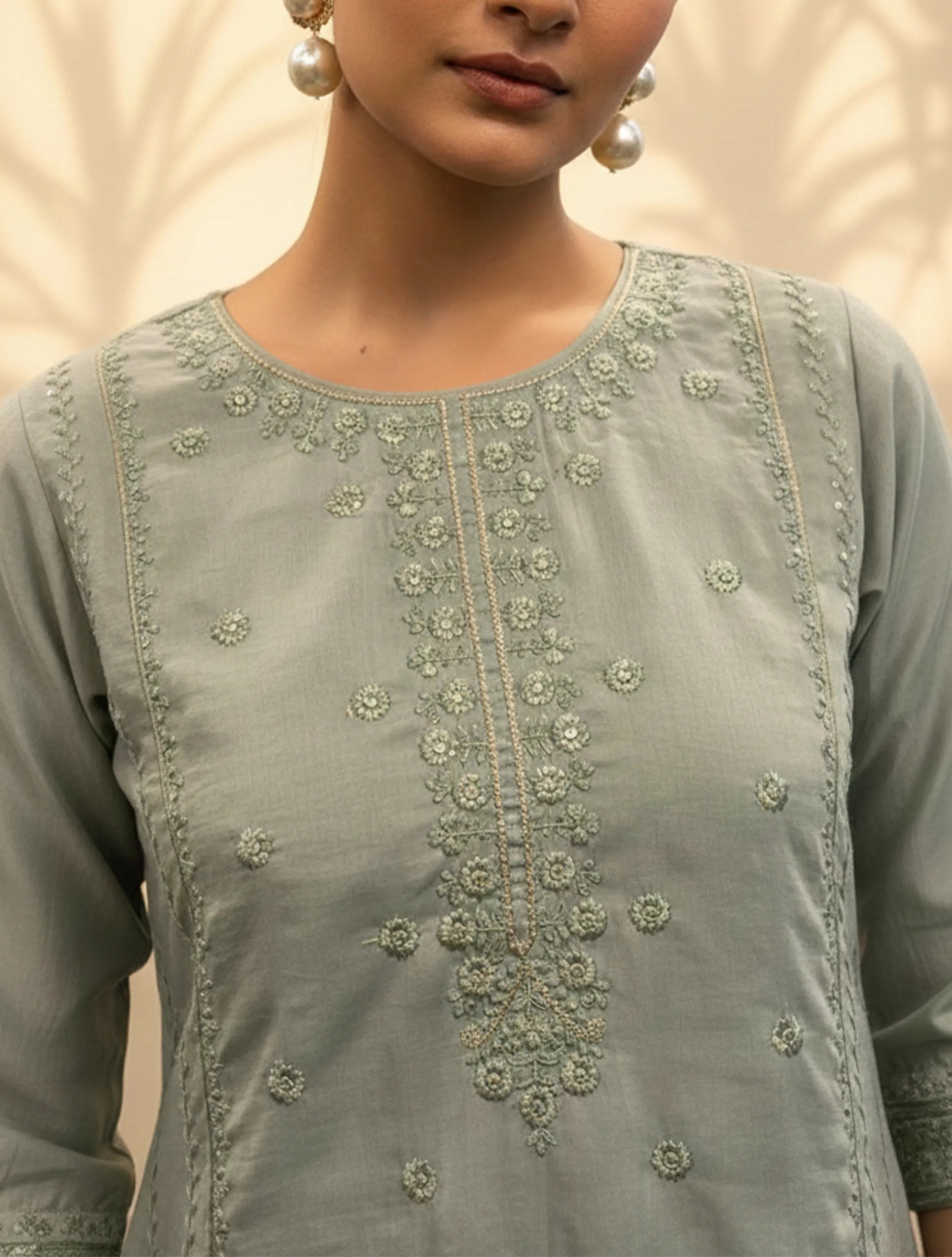 trueBrowns Sage Green Embroidered Straight Kurta Pant Dupatta Set