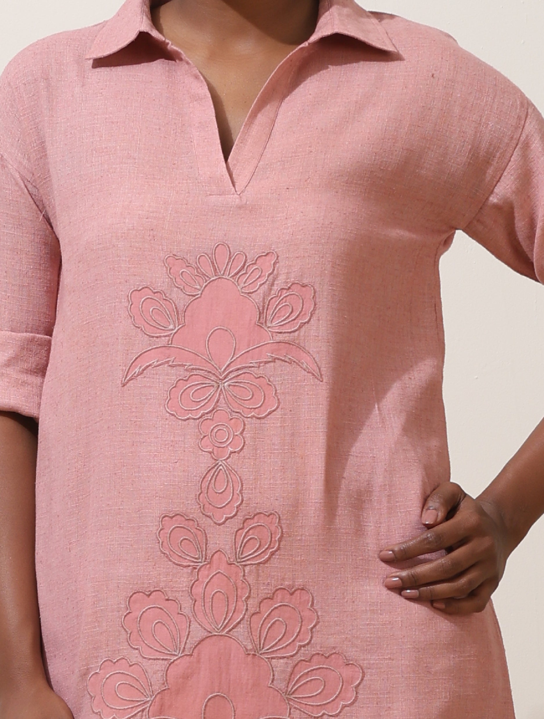 trueBrowns Dalia Pink Embroidered Natural Cotton Kurta Pant Set