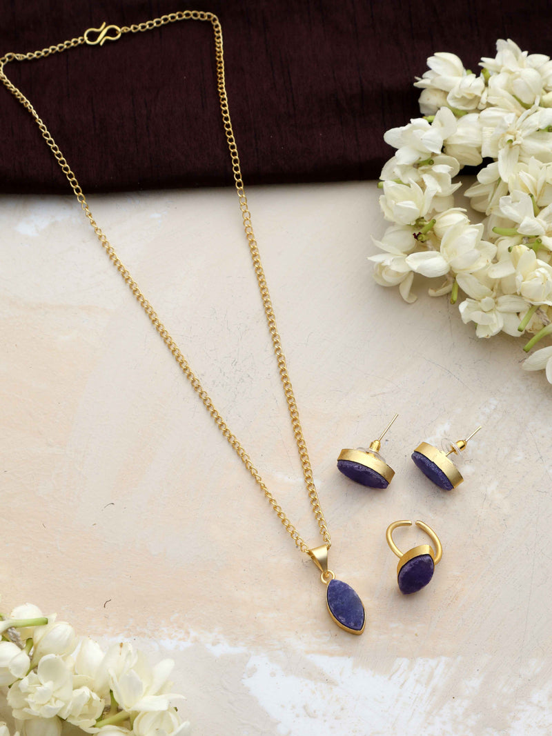 trueBrowns Gold Tone Blue Stone Pendant Set