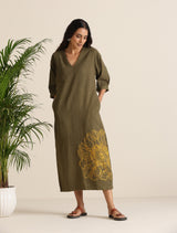 trueBrowns Olive Cotton Embroidered Dress