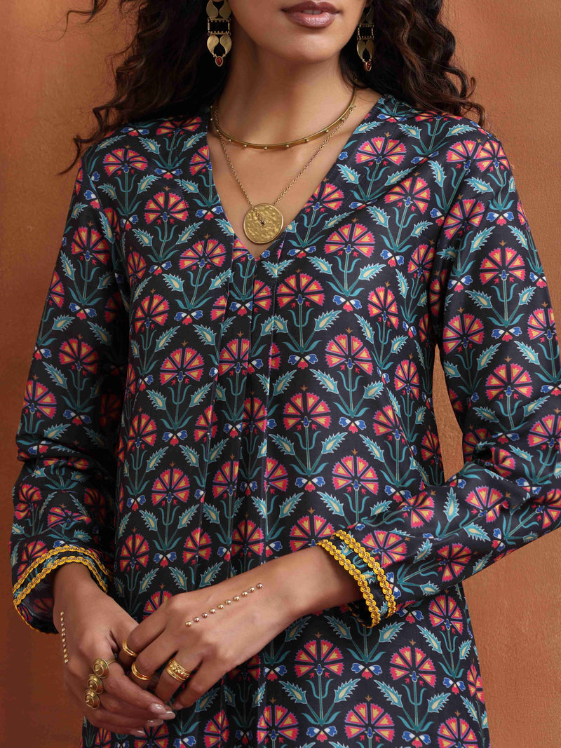 trueBrowns Black Floral Print A-line Kurta Set