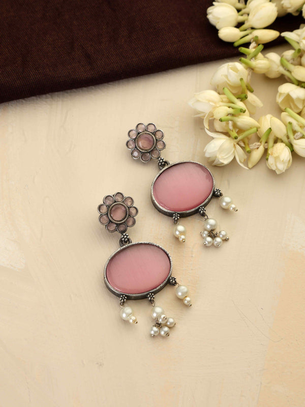 trueBrowns Silver Tone Pink Stone Dangle Earrings