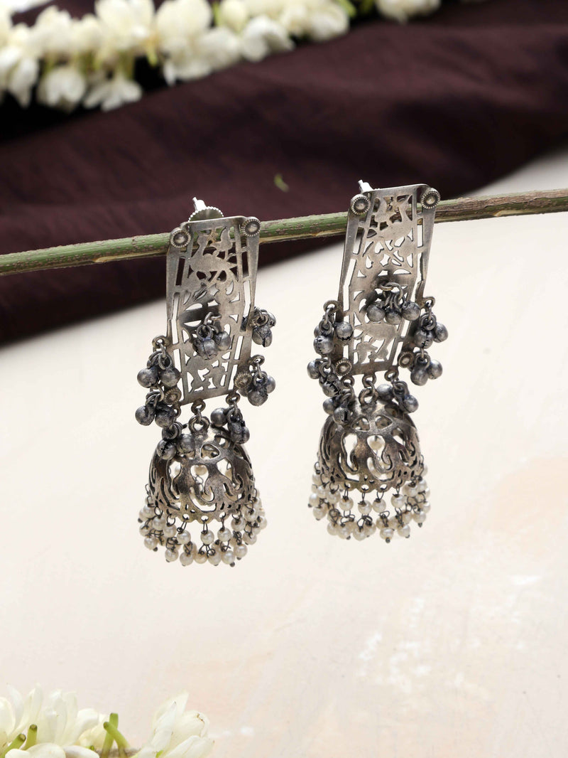 trueBrowns Silver Tone Floral Jhumka Earrings