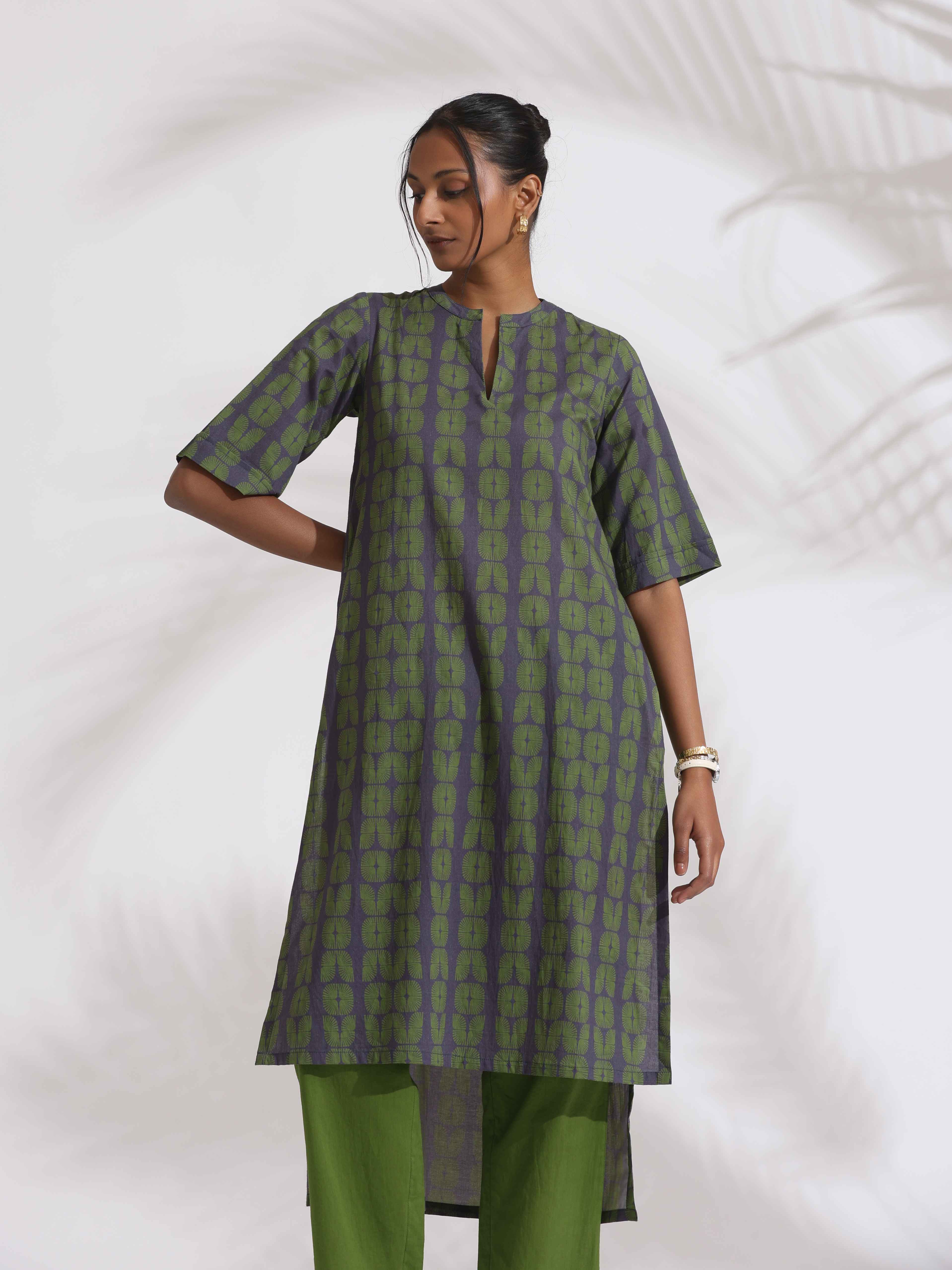 trueBrowns Grey Cotton Print Highlow Kurta Set