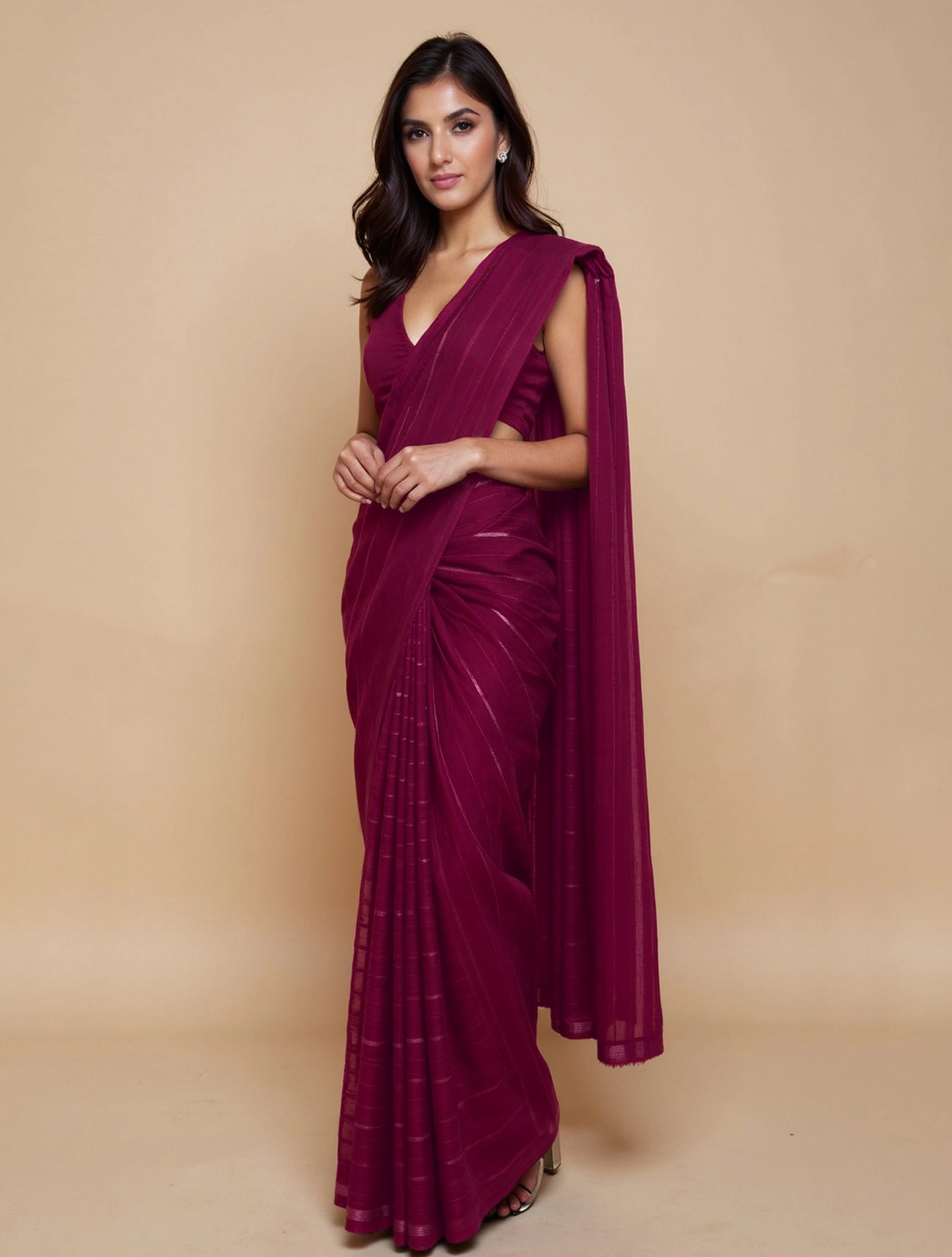 trueBrowns Wine Stripe Saree With Unstitched Blouse