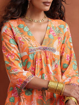 trueBrowns Orange Floral Print A-line Kurta Set