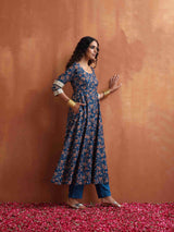 trueBrowns Blue Print Straight Kurta Set