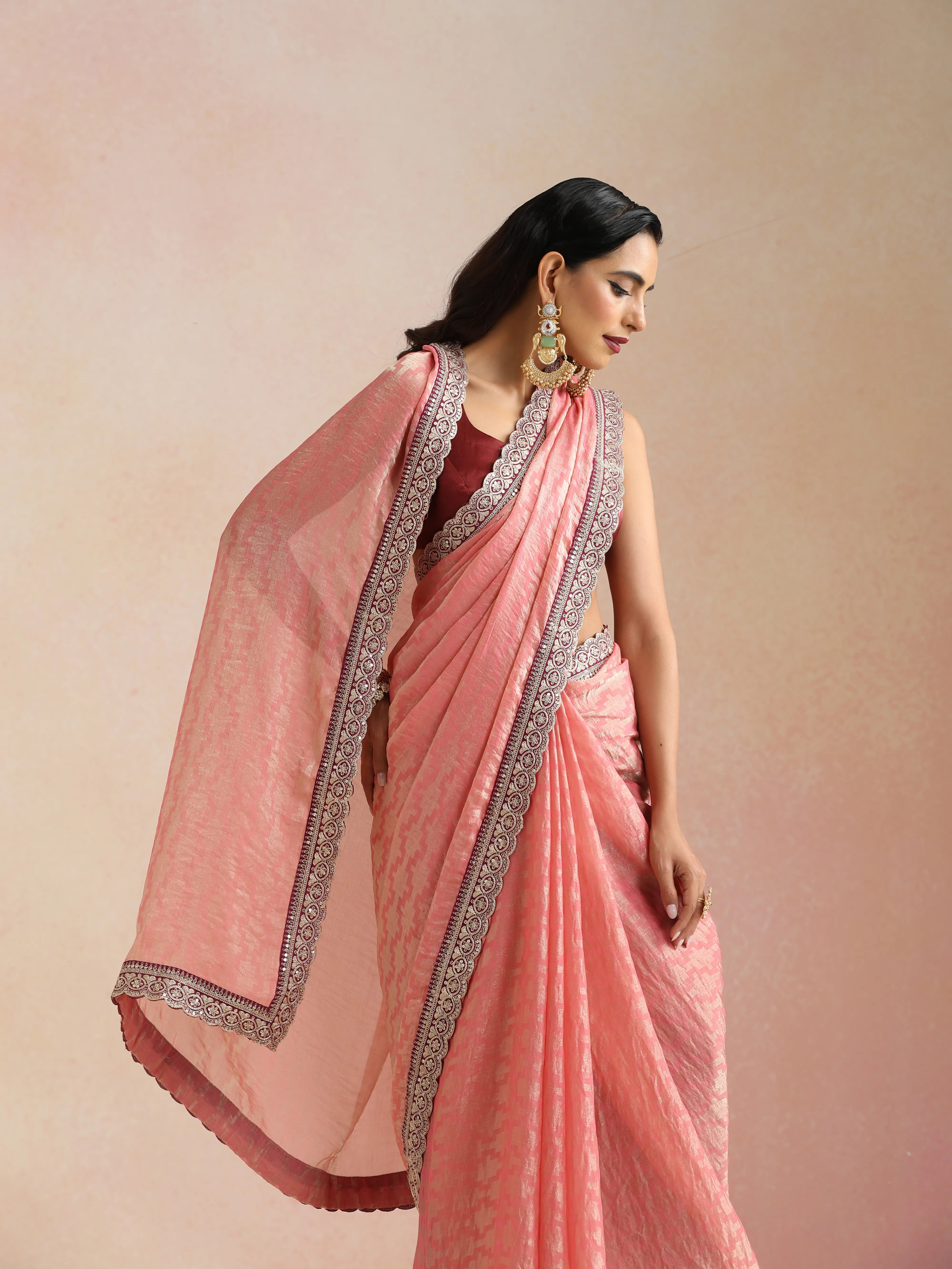 trueBrowns Peach Geometric Weave Saree With Unstitched Blouse