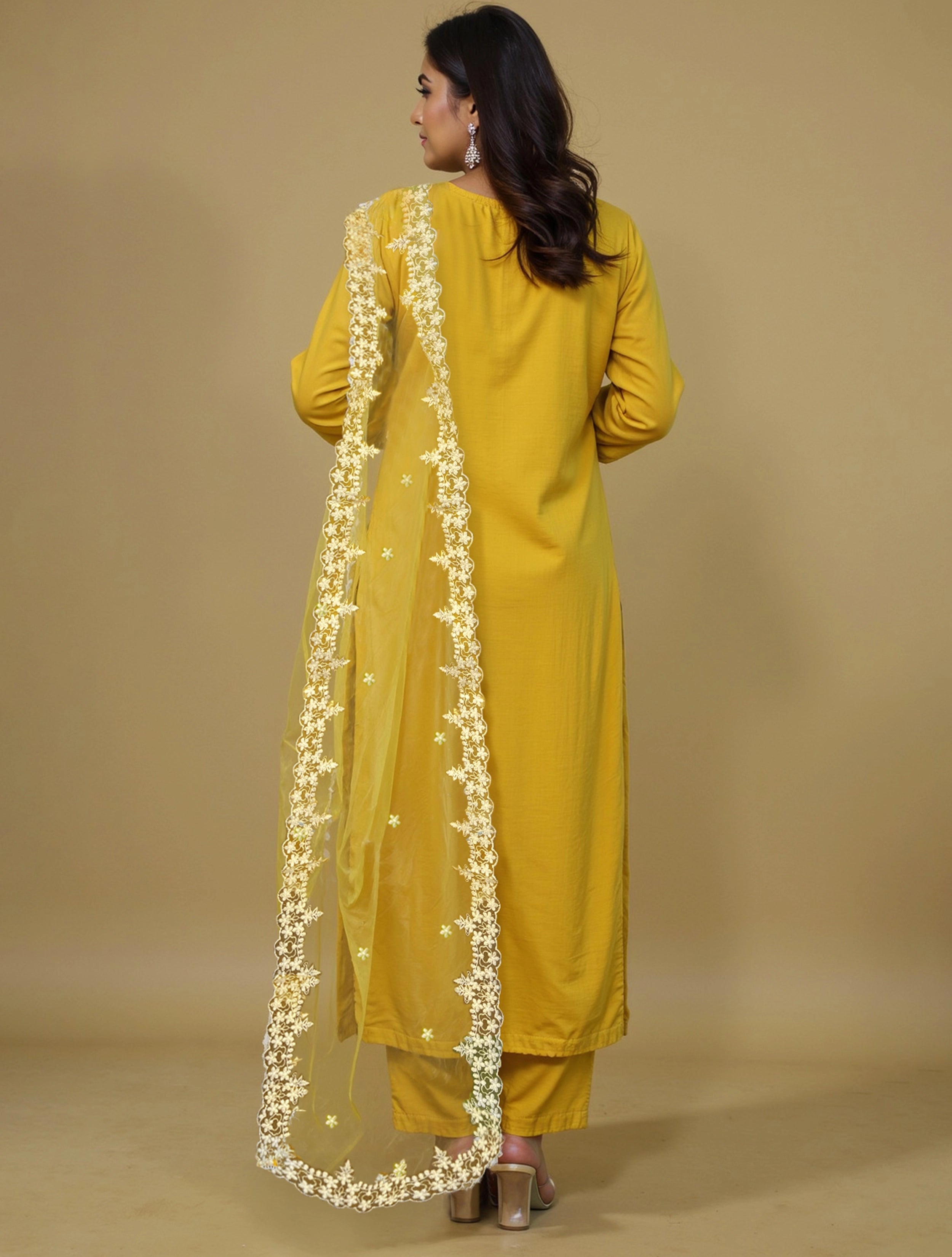 trueBrowns Yellow Embroidered Round Neck Straight Kurta 3pc Set