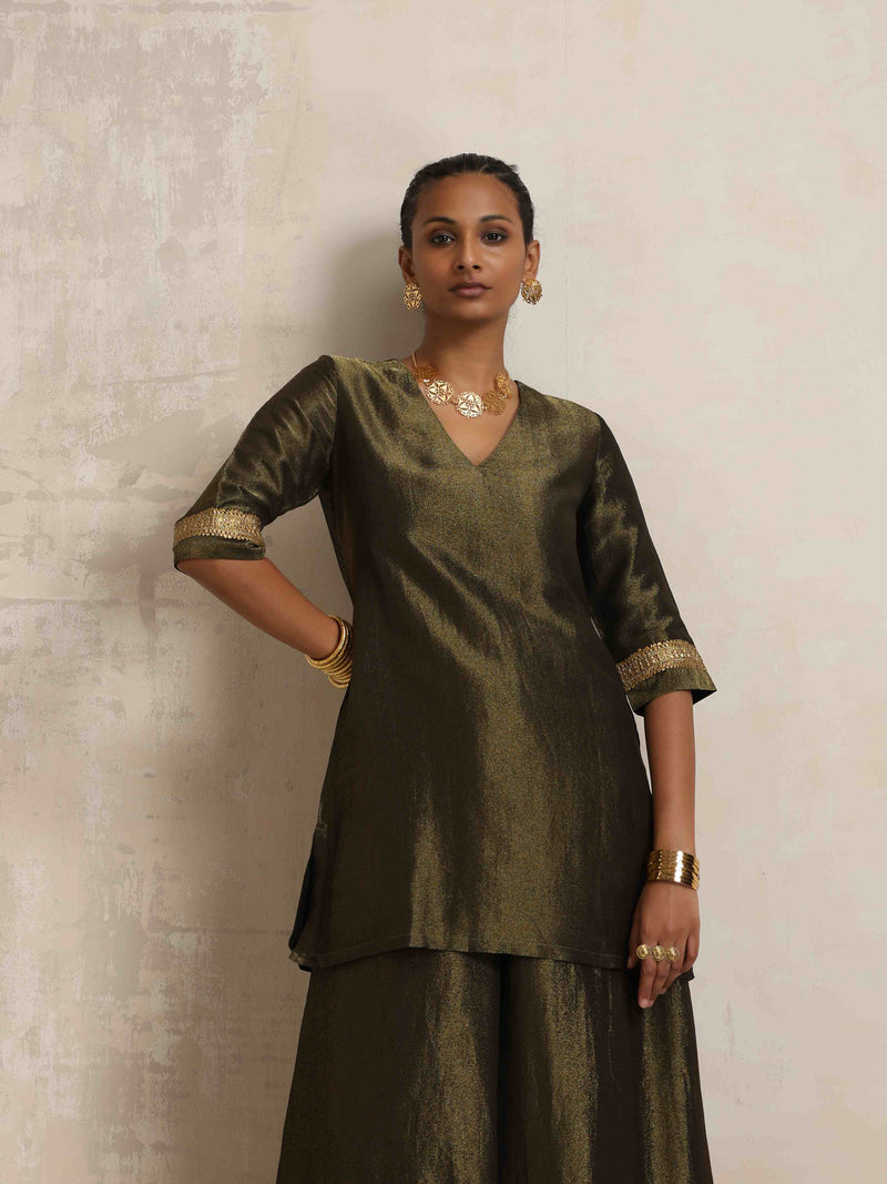 trueBrowns Olive Green Tissue Sharara Set