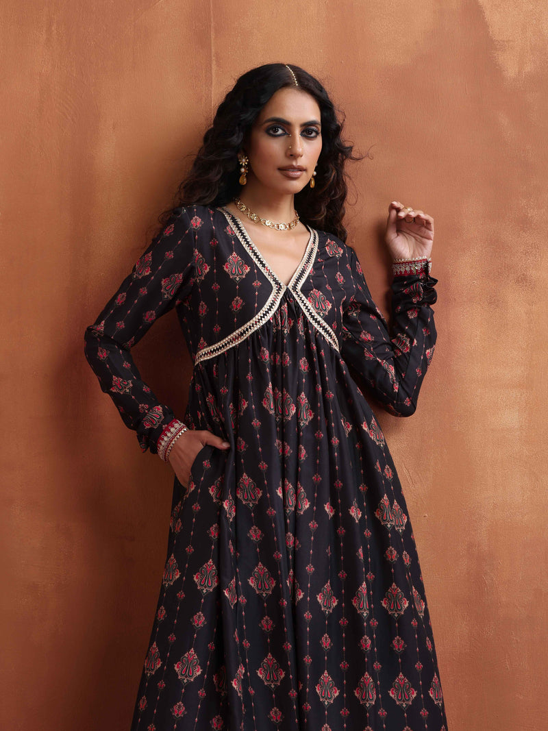 trueBrowns Black Print Flared Anarkali Kurta Set