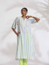 trueBrowns White Cotton Multi Stripe Flared Kurta Set