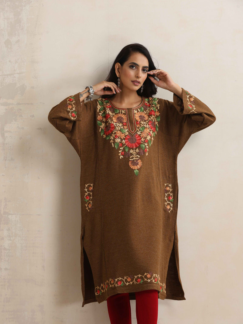 trueBrowns Brown Kashmiri Floral Embroidered Woollen Phiran Kurta