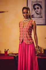 trueBrowns Pink Print Viscose Jacket Skirt Co-ord Set